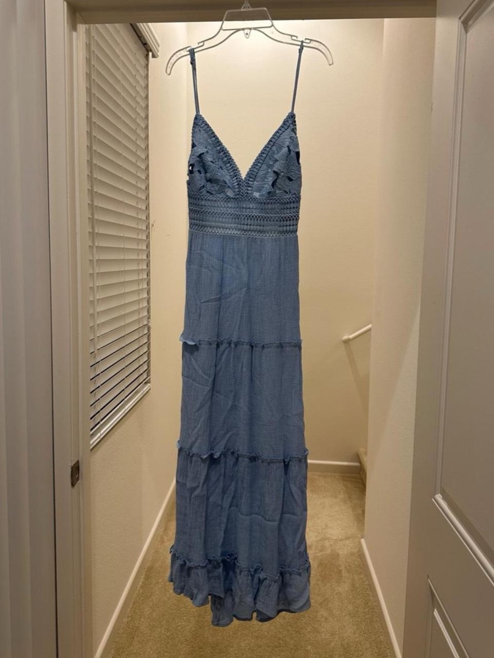 Light Blue Crochet Bodice Maxi Dress with Spaghetti Straps